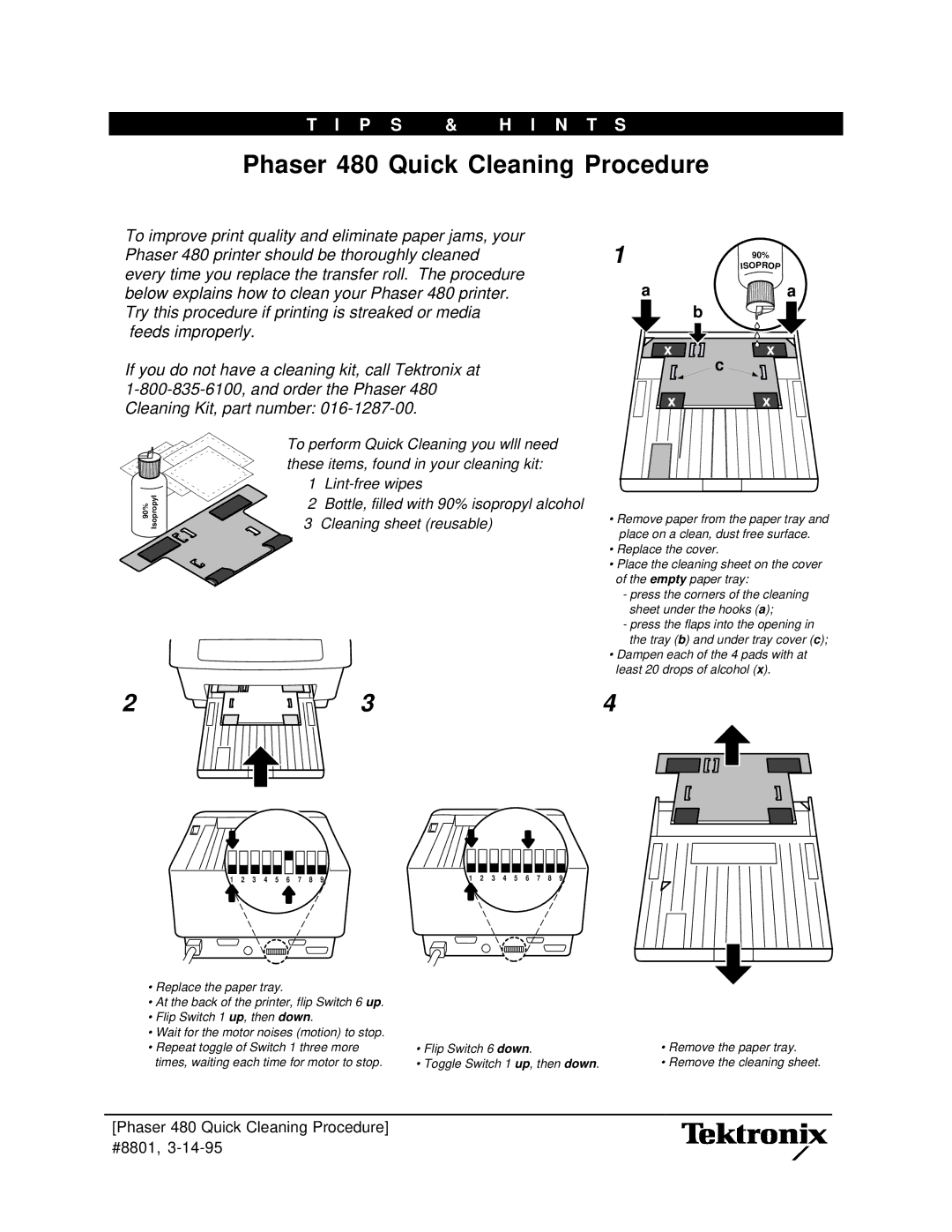 Tektronix manual Phaser 480 Quick Cleaning Procedure, Cleaning sheet reusable 