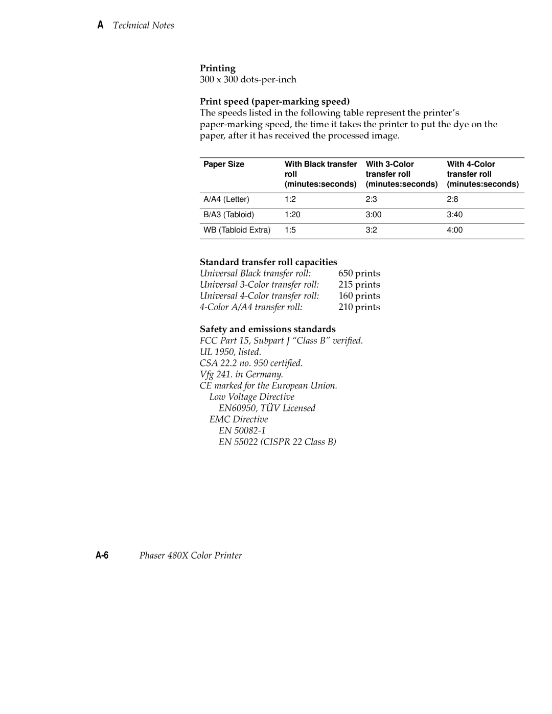 Tektronix 480X user manual Printing, Print speed paper-marking speed, Safety and emissions standards 