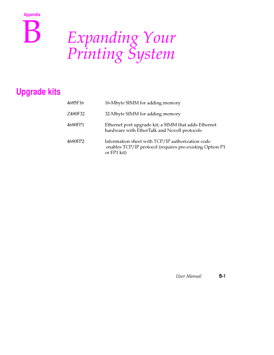 Tektronix 480X user manual Expanding Your Printing SystemAppendix, Upgrade kits 