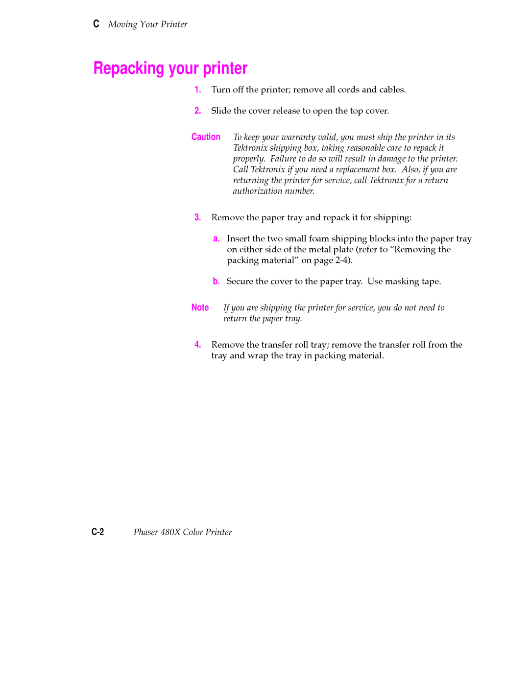 Tektronix 480X user manual Repacking your printer 