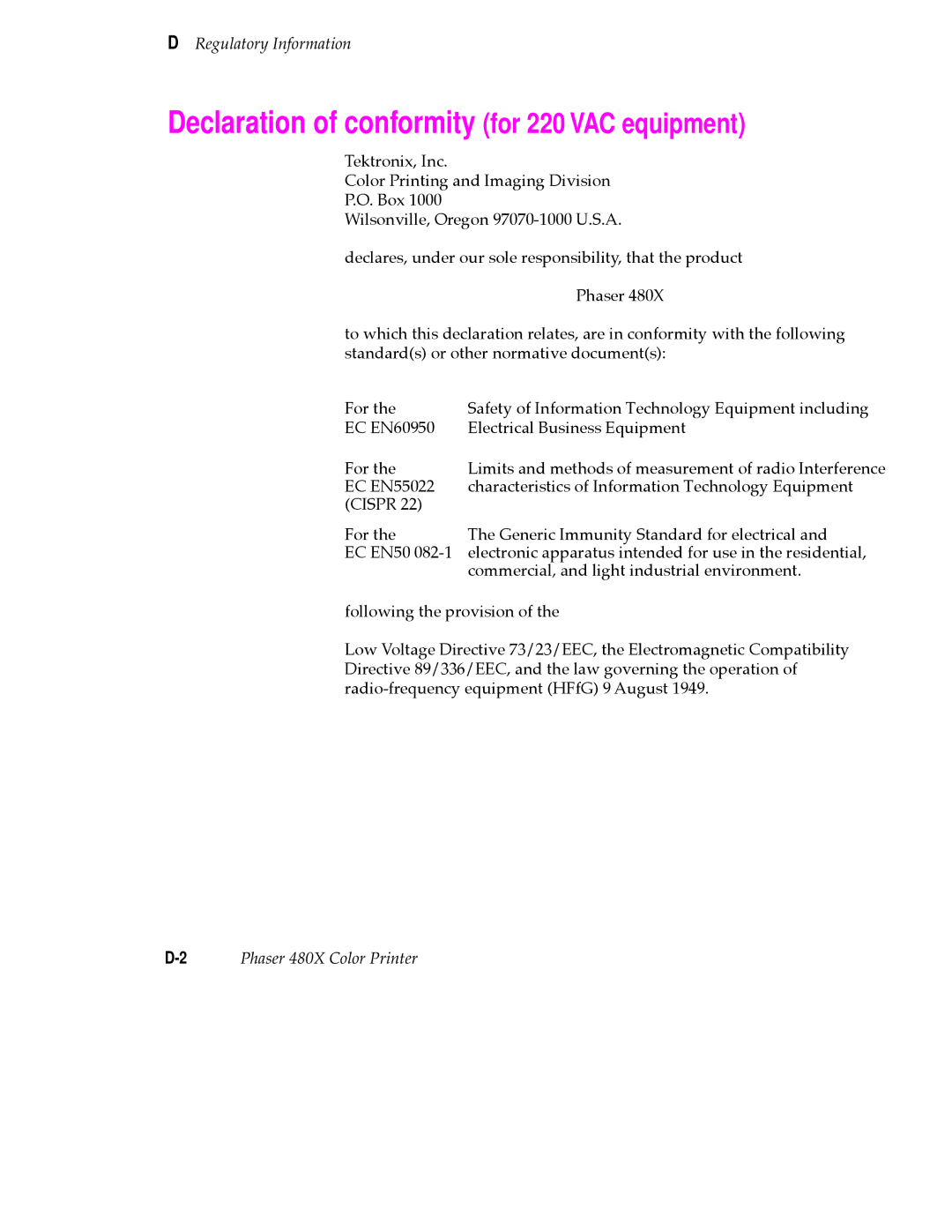 Tektronix 480X user manual Declaration of conformity for 220 VAC equipment 