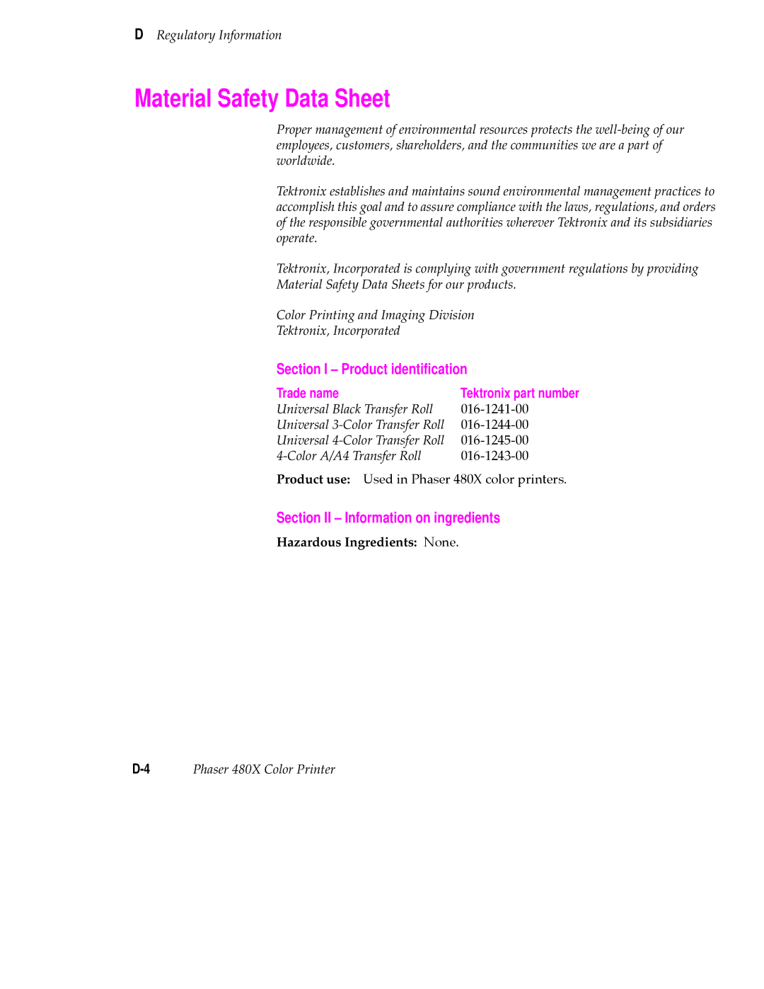 Tektronix 480X Material Safety Data Sheet, Section I Product identiﬁcation, Section II Information on ingredients 