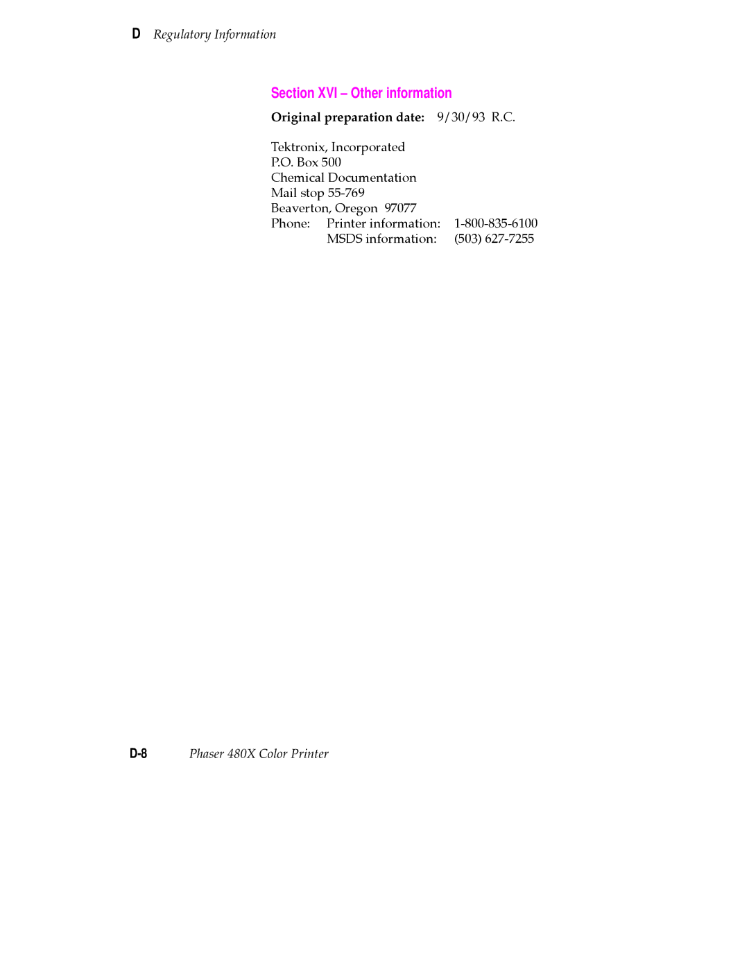 Tektronix 480X user manual Section XVI Other information, Original preparation date 9/30/93 R.C 