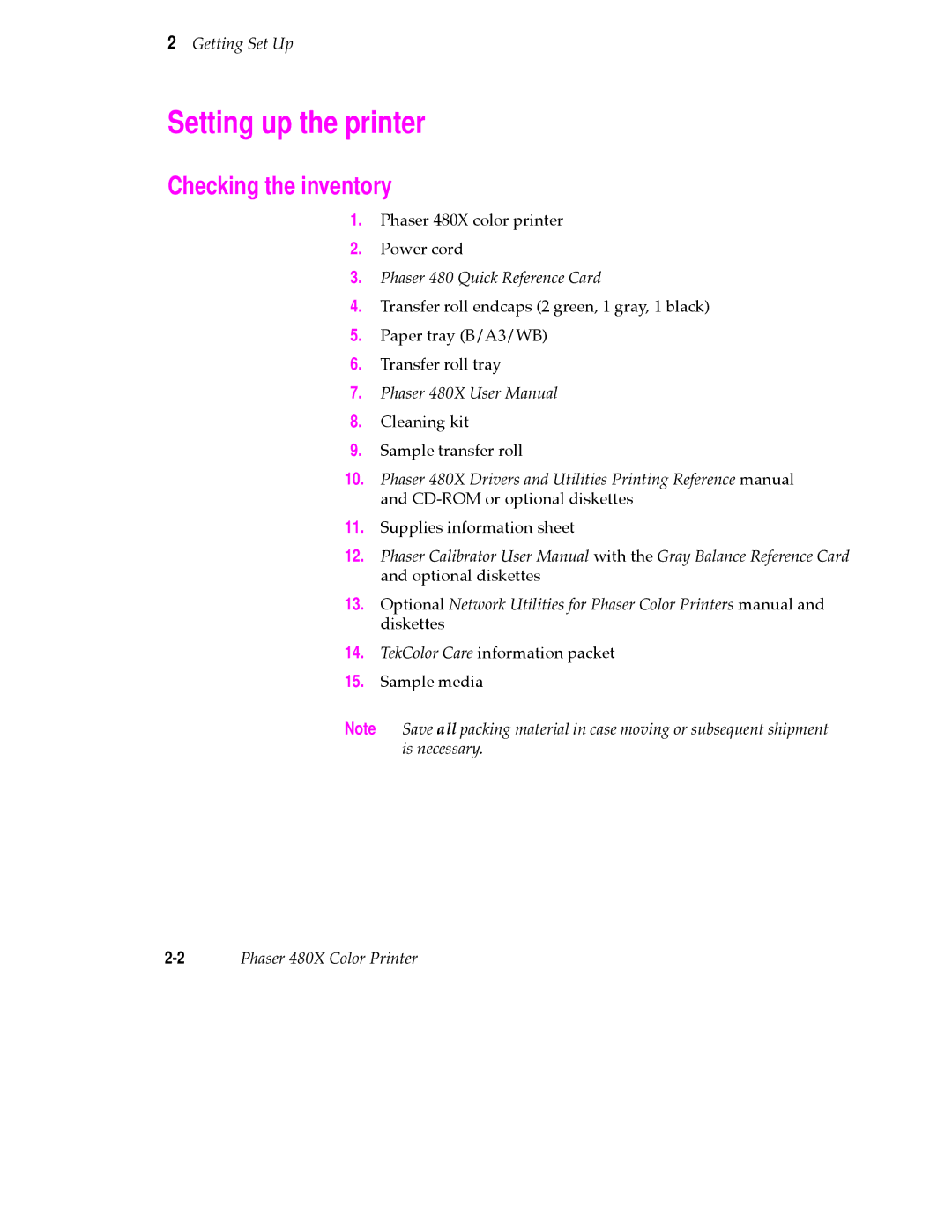 Tektronix 480X user manual Setting up the printer, Checking the inventory 