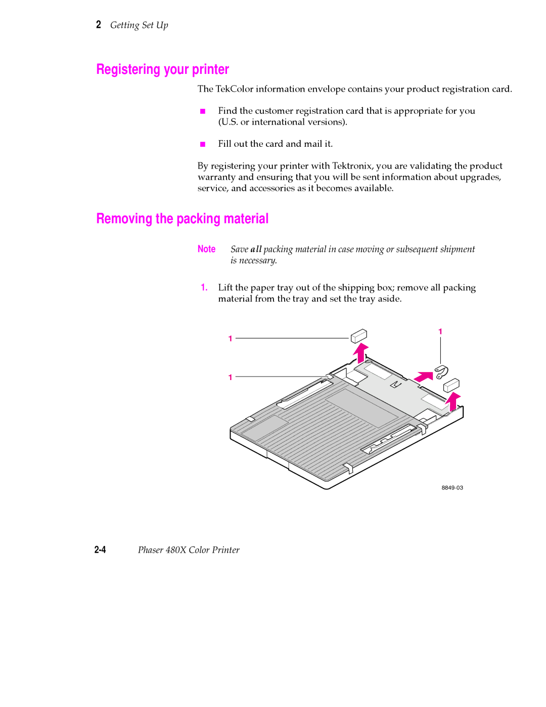 Tektronix 480X user manual Registering your printer, Removing the packing material 