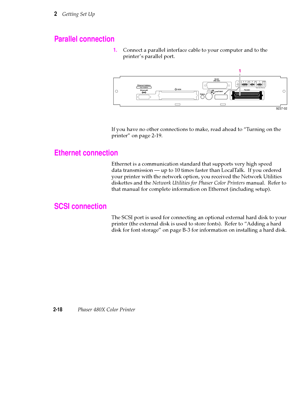 Tektronix 480X user manual Parallel connection, Ethernet connection, Scsi connection 