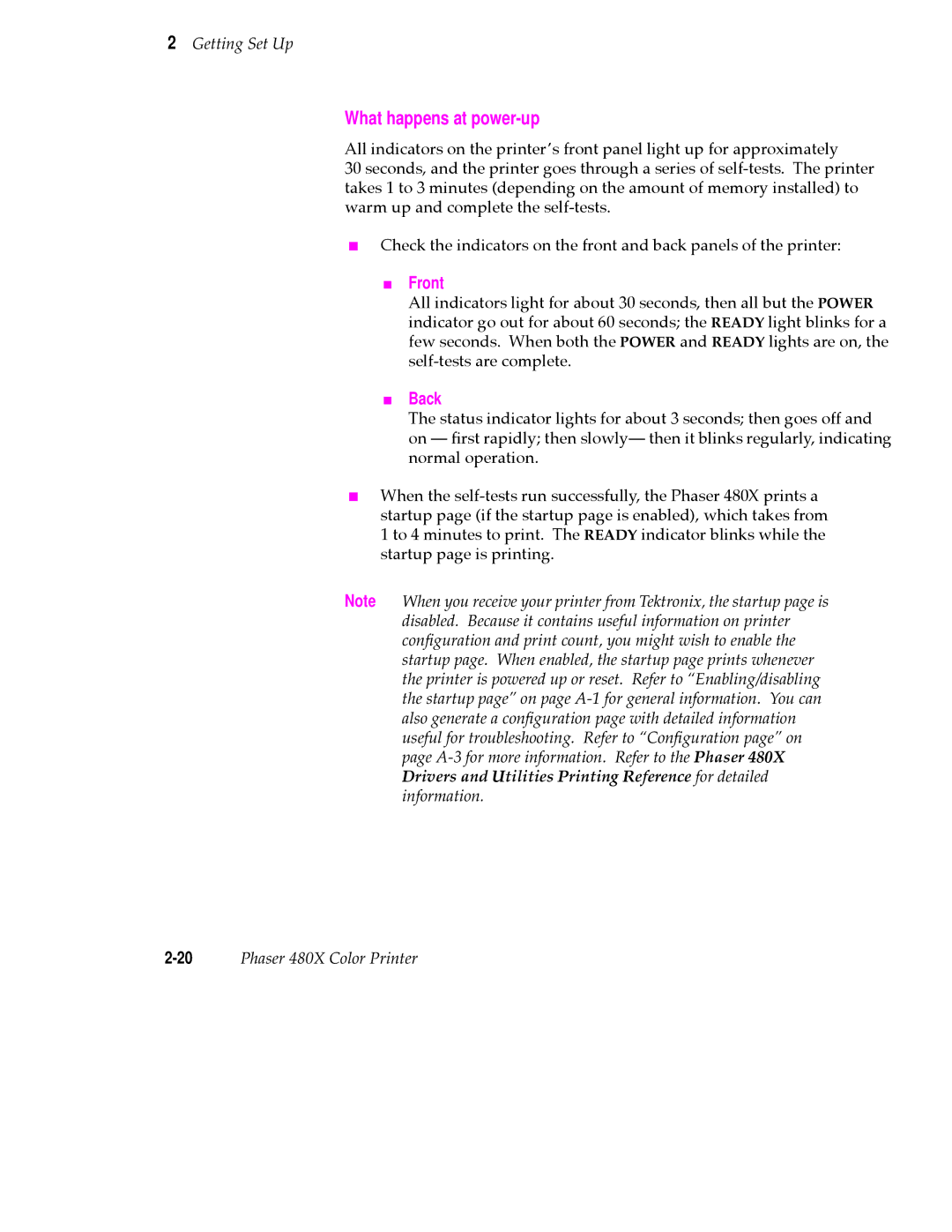 Tektronix 480X user manual What happens at power-up, Front, Back 