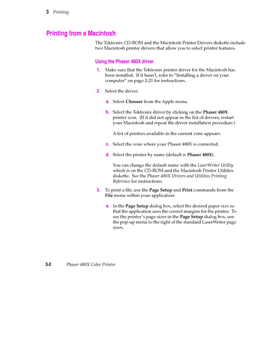 Tektronix user manual Printing from a Macintosh, Using the Phaser 480X driver 