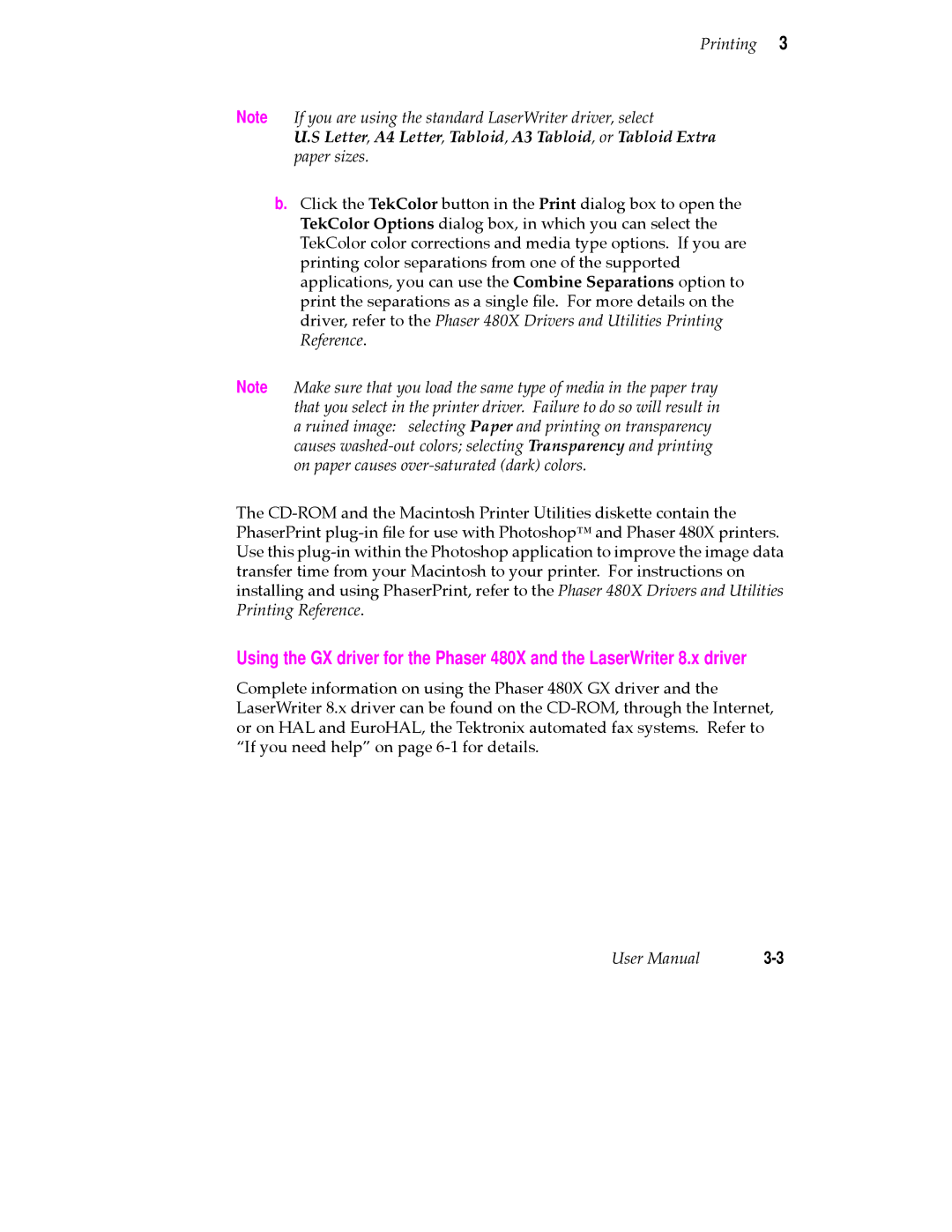 Tektronix 480X user manual Printing Reference 