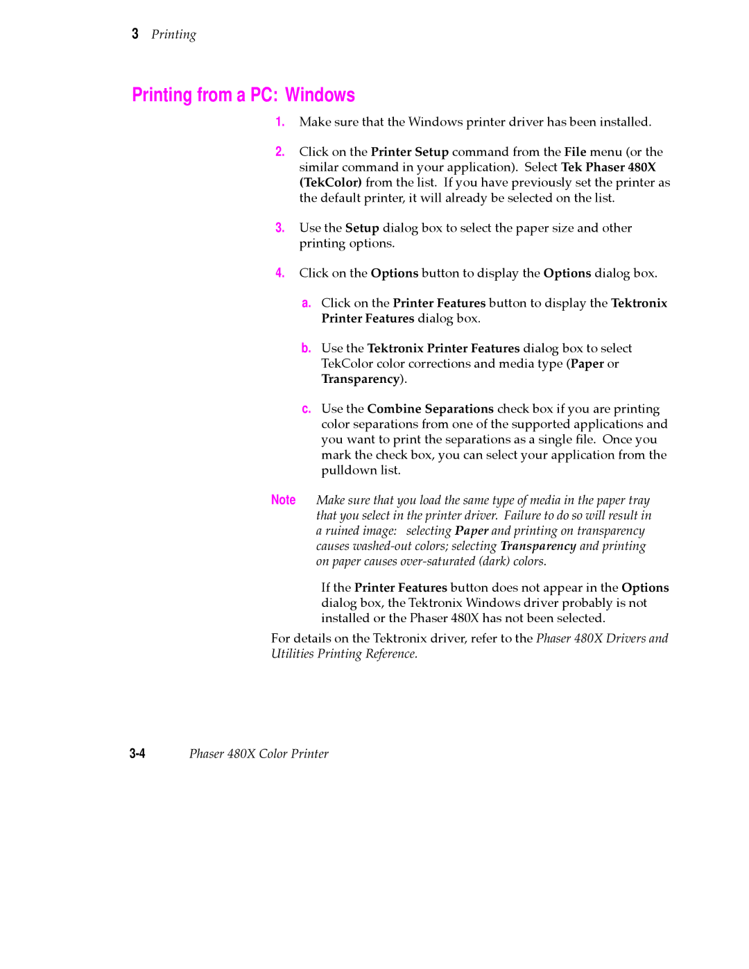 Tektronix 480X user manual Printing from a PC Windows, Transparency 