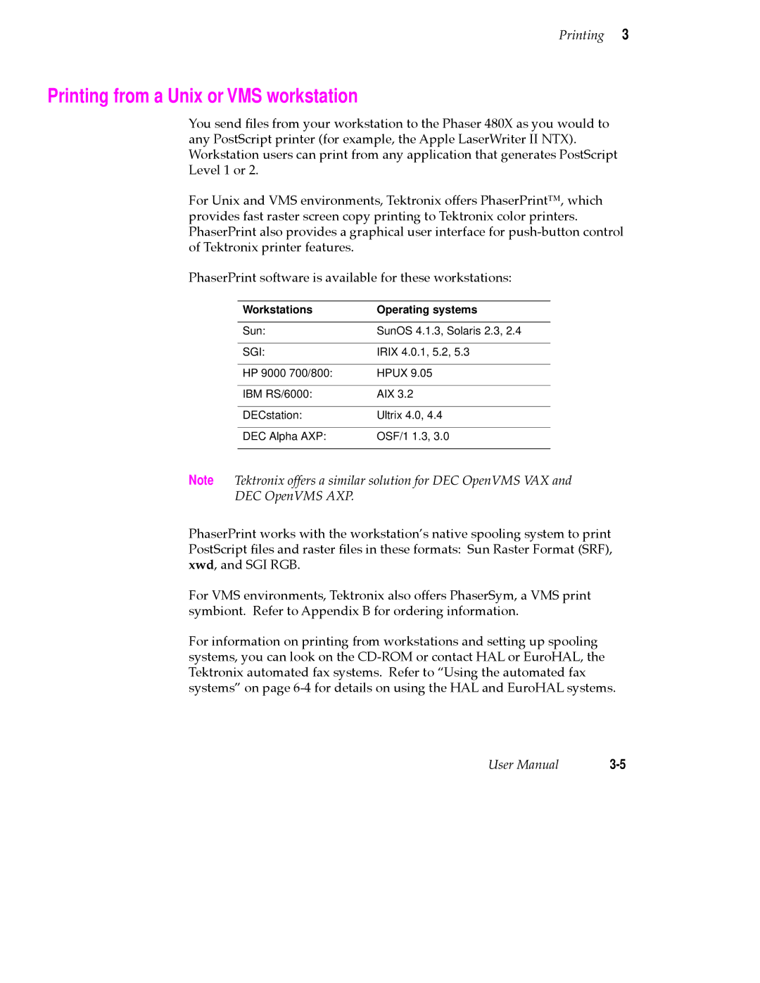 Tektronix 480X user manual Printing from a Unix or VMS workstation, Workstations Operating systems 