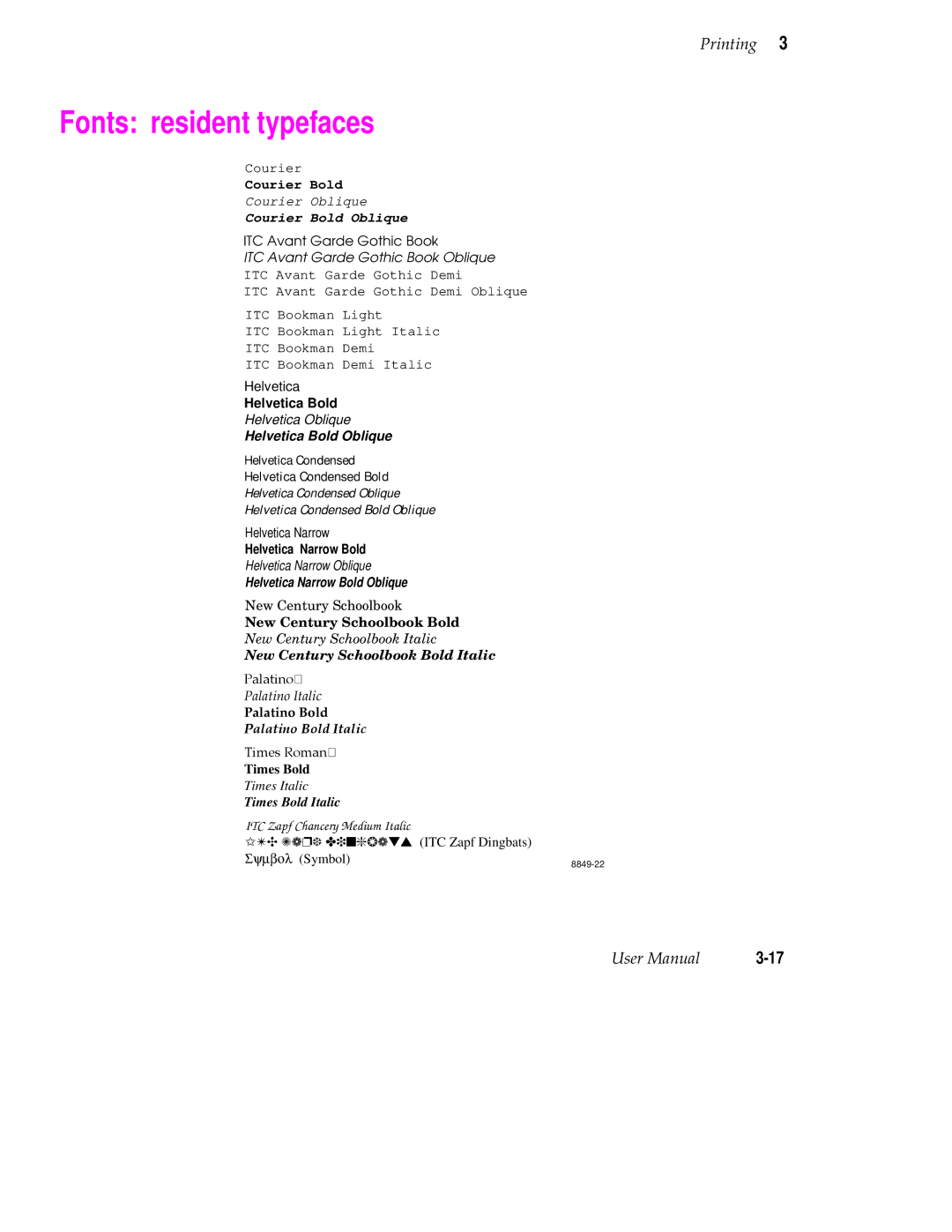 Tektronix 480X user manual Fonts resident typefaces, Helvetica Bold, Helvetica Condensed Bold, Helvetica Narrow Bold 
