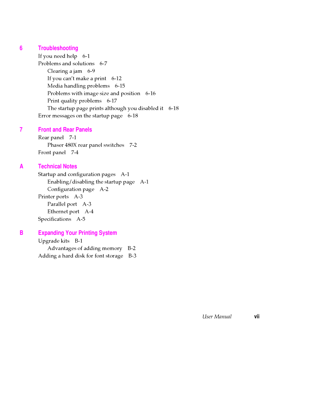 Tektronix 480X user manual Front and Rear Panels, Technical Notes, Expanding Your Printing System, Vii 