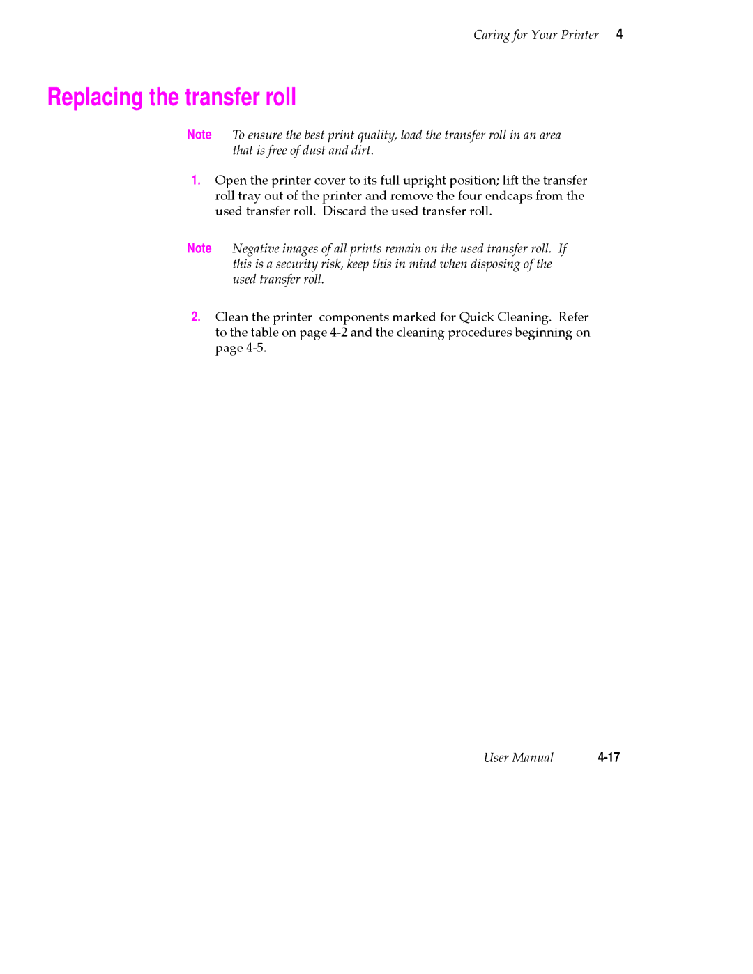 Tektronix 480X user manual Replacing the transfer roll 