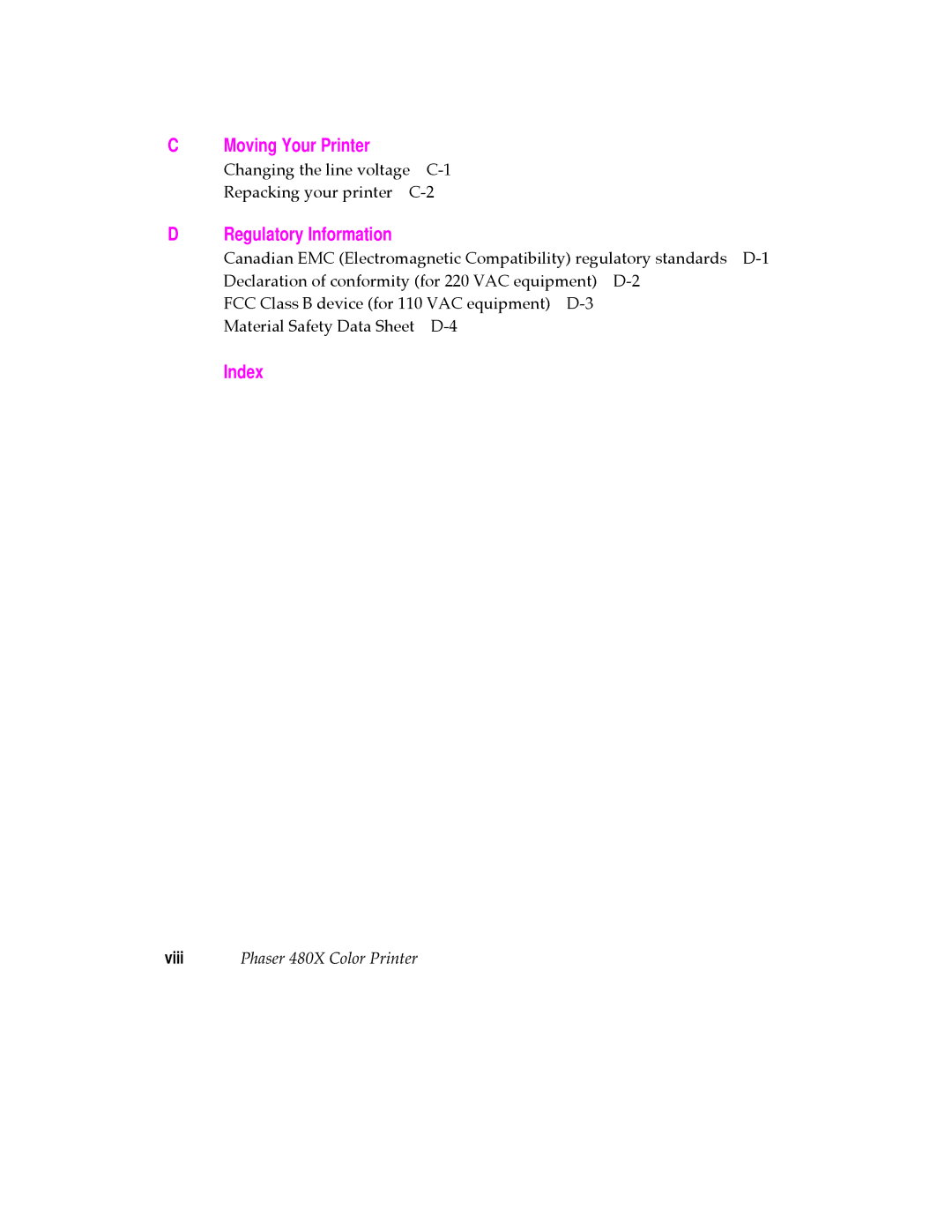 Tektronix 480X user manual Moving Your Printer, Index, Regulatory Information 