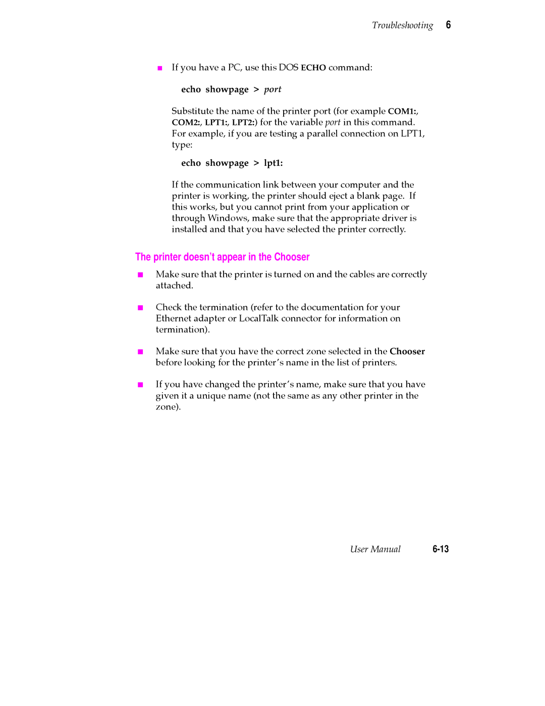 Tektronix 480X user manual Printer doesn’t appear in the Chooser, Echo showpage port, Echo showpage lpt1 