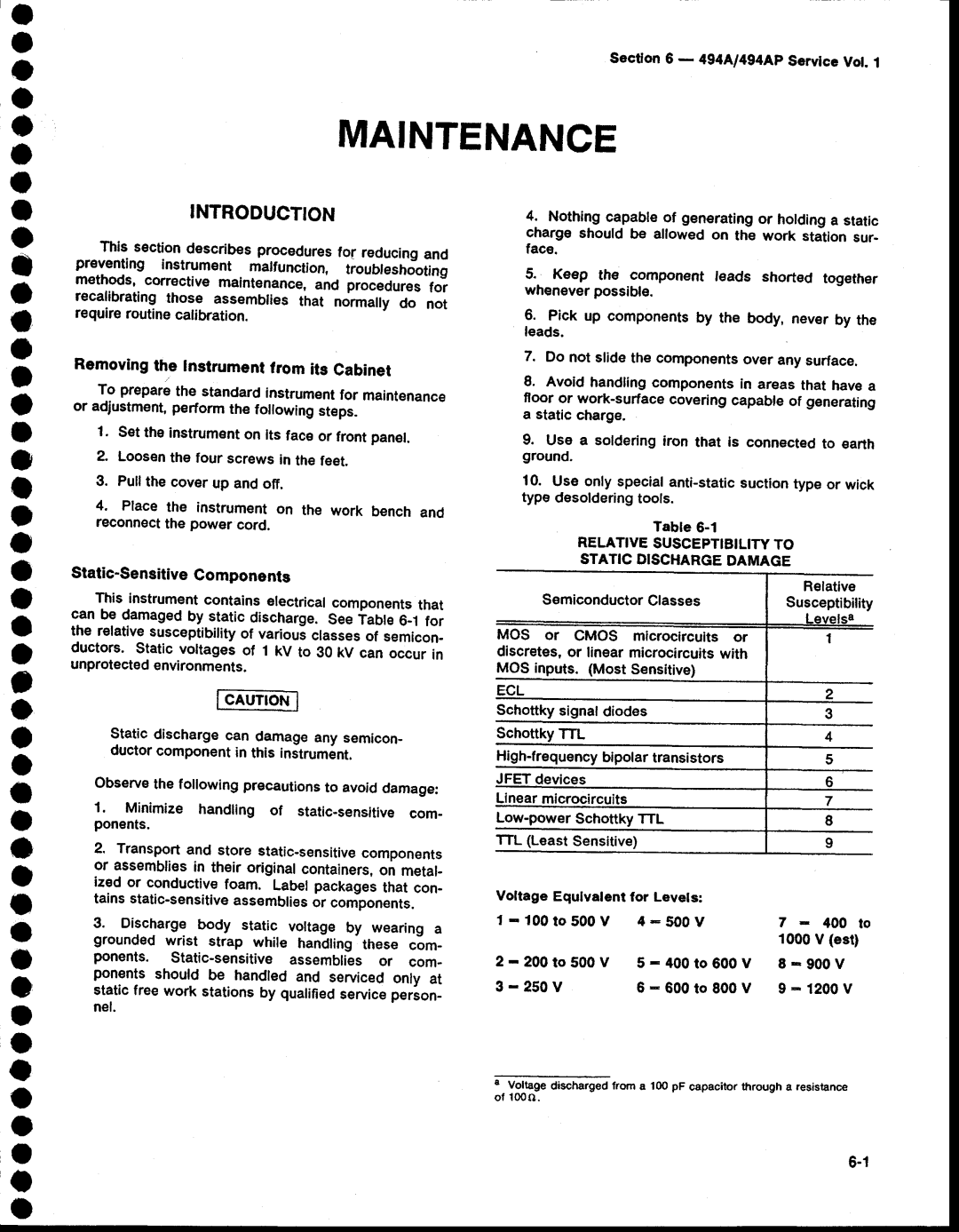 Tektronix 494AP Introduction, Sectfon6 494A/494ApServicc Vot.1, Relativesusceptibilityto Staticdischargedamage 