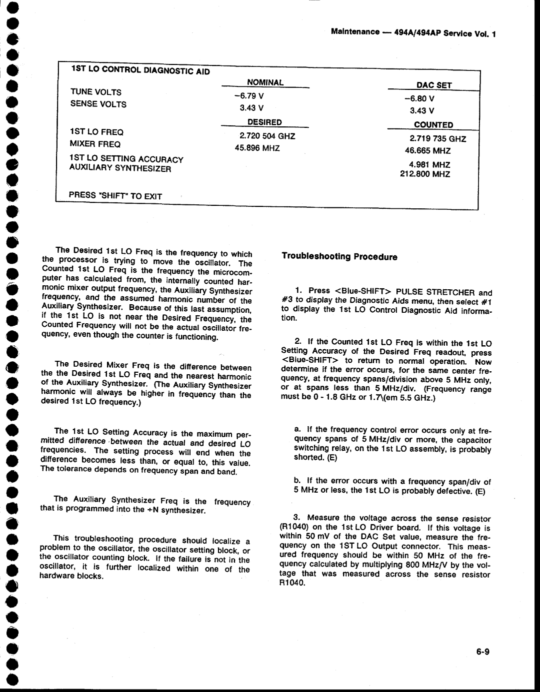 Tektronix 494AP service manual Desired, Mixerfreo, 1STLO Setnngaccuracy, Auxiliary Synthesizer, Shft Press To Exit 