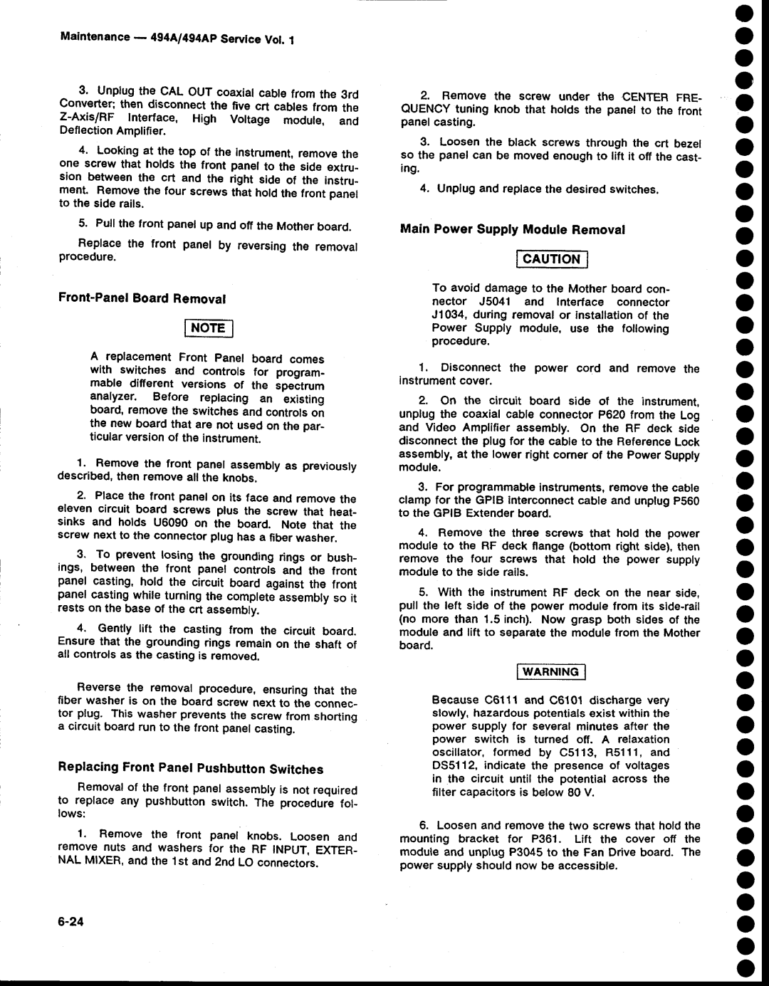 Tektronix 494AP service manual EAUloNl, Main PowerSupplyModule Removal 