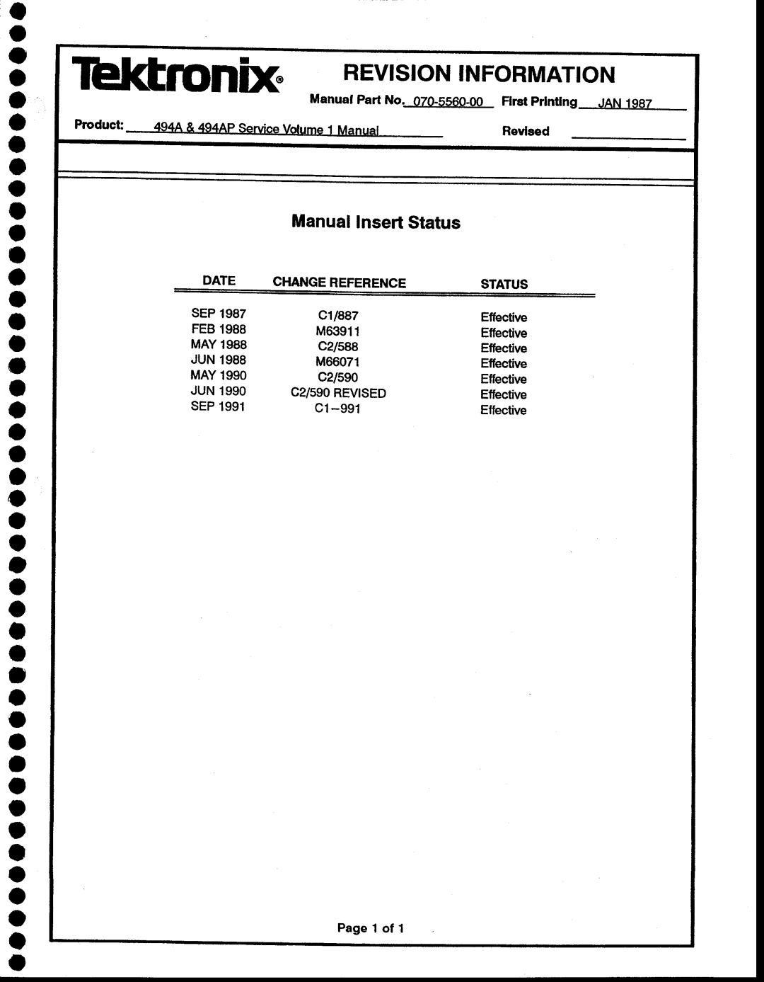 Tektronix 494AP service manual Revisioninformation, Manual Part No G556O-00 Flrst prtnilng JAN1987 Revleed 