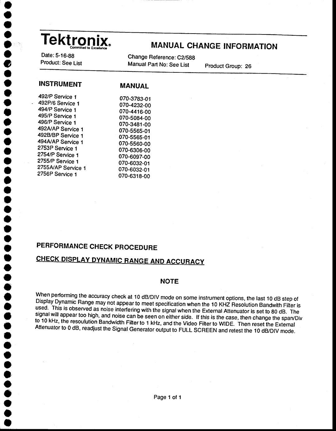 Tektronix 494AP service manual O o o o o O o a, Instrument Manual, Performance Checkprocedure 