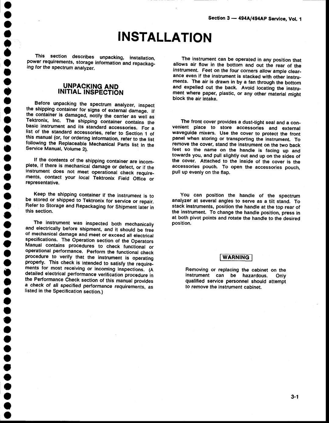 Tektronix 494AP service manual O a o o o o o a o o A o a o o o, Unpackingand INITIALINSPECT6N, 494A1494ApService,Vot 