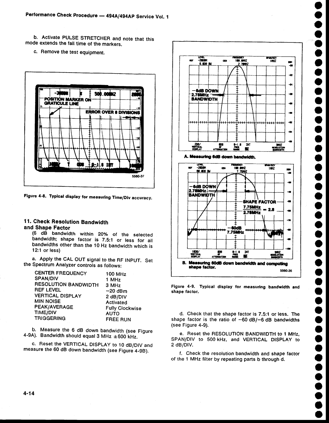 Tektronix 494AP O a a o a o a, O a o O o a o A o, CheckResolutionBandwidth and shape Factor, Minnose, Peak/Average 