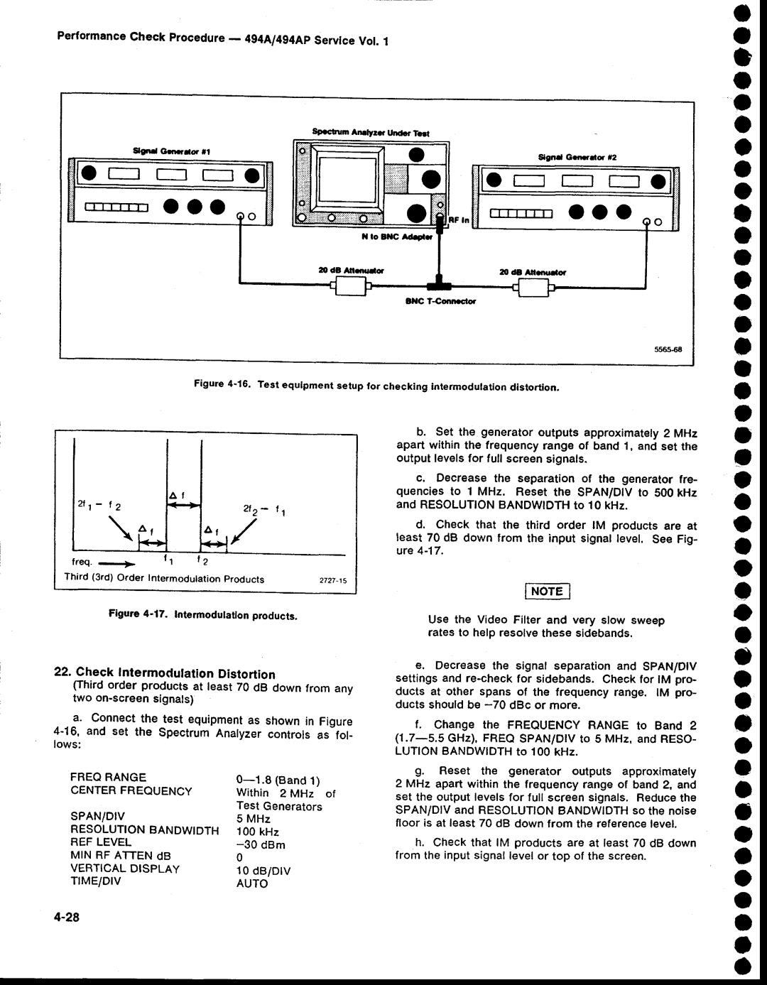 Tektronix 494AP service manual PerformanceCheck procedure- 4g4A/4g4ApServiceVol, Freorange, Resolutionbandwidth 100 kHz 