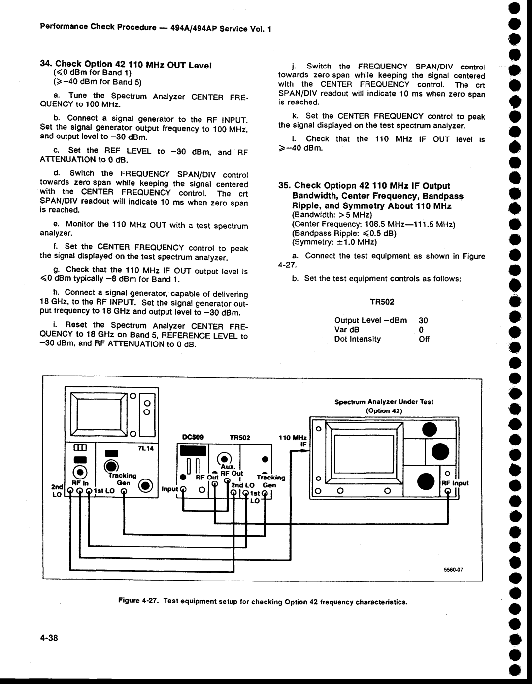 Tektronix 494AP service manual Q15oit riline, Ull, TR5O2, OutputLevel -dBm Var dB Dot Intensity Off 