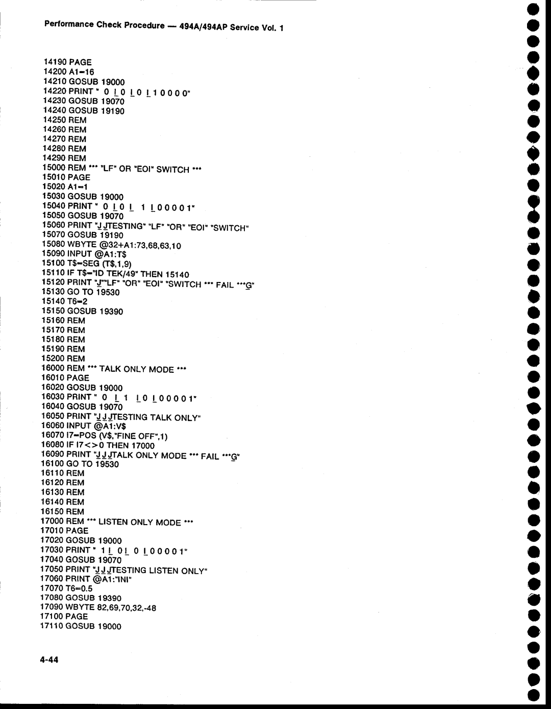 Tektronix 494AP O c, 16000REM Talkonlymode 16010PAGE, 16050PRTNTTALK Jtestng only 16060INPUT, Onlymode Fail 