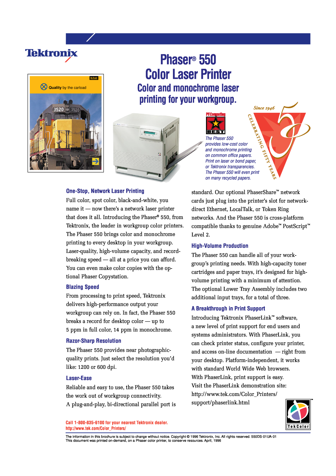 Tektronix 550 brochure Phaser Color Laser Printer, One-Stop, Network Laser Printing, Blazing Speed, Razor-Sharp Resolution 