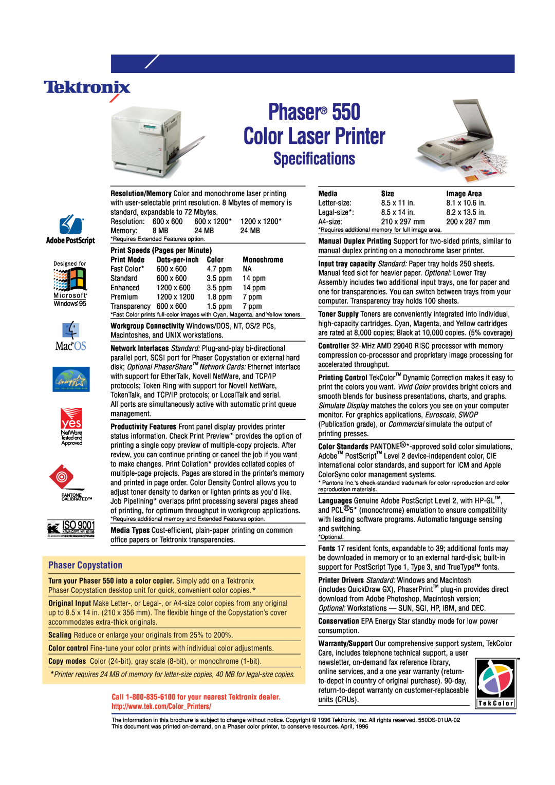Tektronix 550 Specifications, Phaser Copystation, Phaser Color Laser Printer, Print Speeds Pages per Minute, Print Mode 