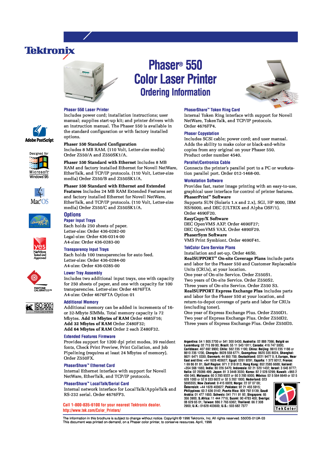 Tektronix brochure Ordering Information, Options, Phaser Color Laser Printer, Phaser 550 Standard Configuration 