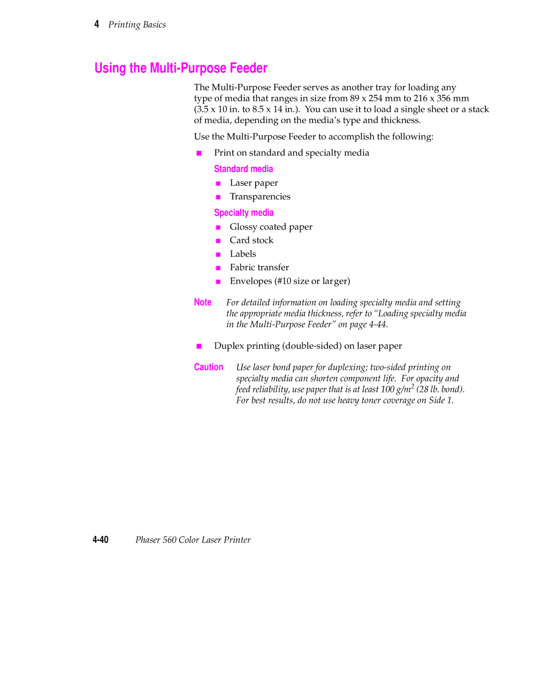 Tektronix 560 user manual Using the Multi-Purpose Feeder, Standard media, Specialty media 