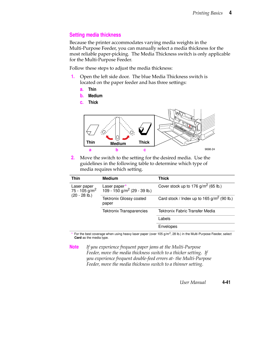 Tektronix 560 user manual Setting media thickness, Thin Medium Thick 