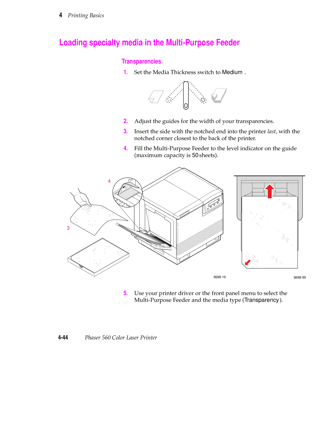 Tektronix 560 user manual Loading specialty media in the Multi-Purpose Feeder, Transparencies 