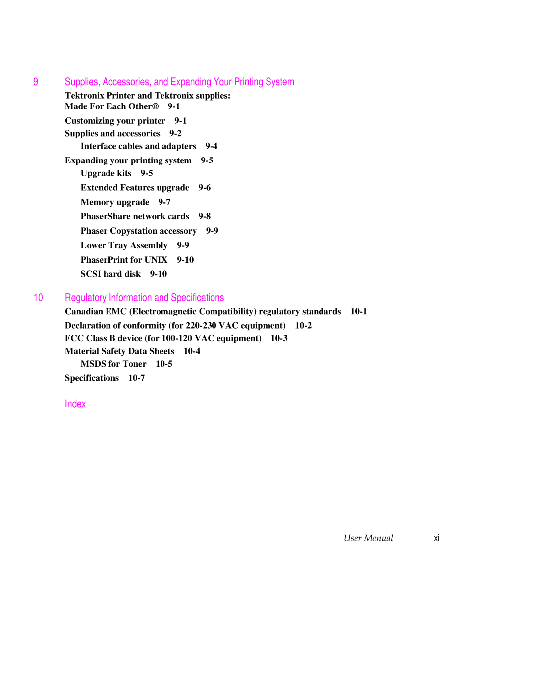 Tektronix 560 Regulatory Information and Specifications, Index, Supplies, Accessories, and Expanding Your Printing System 