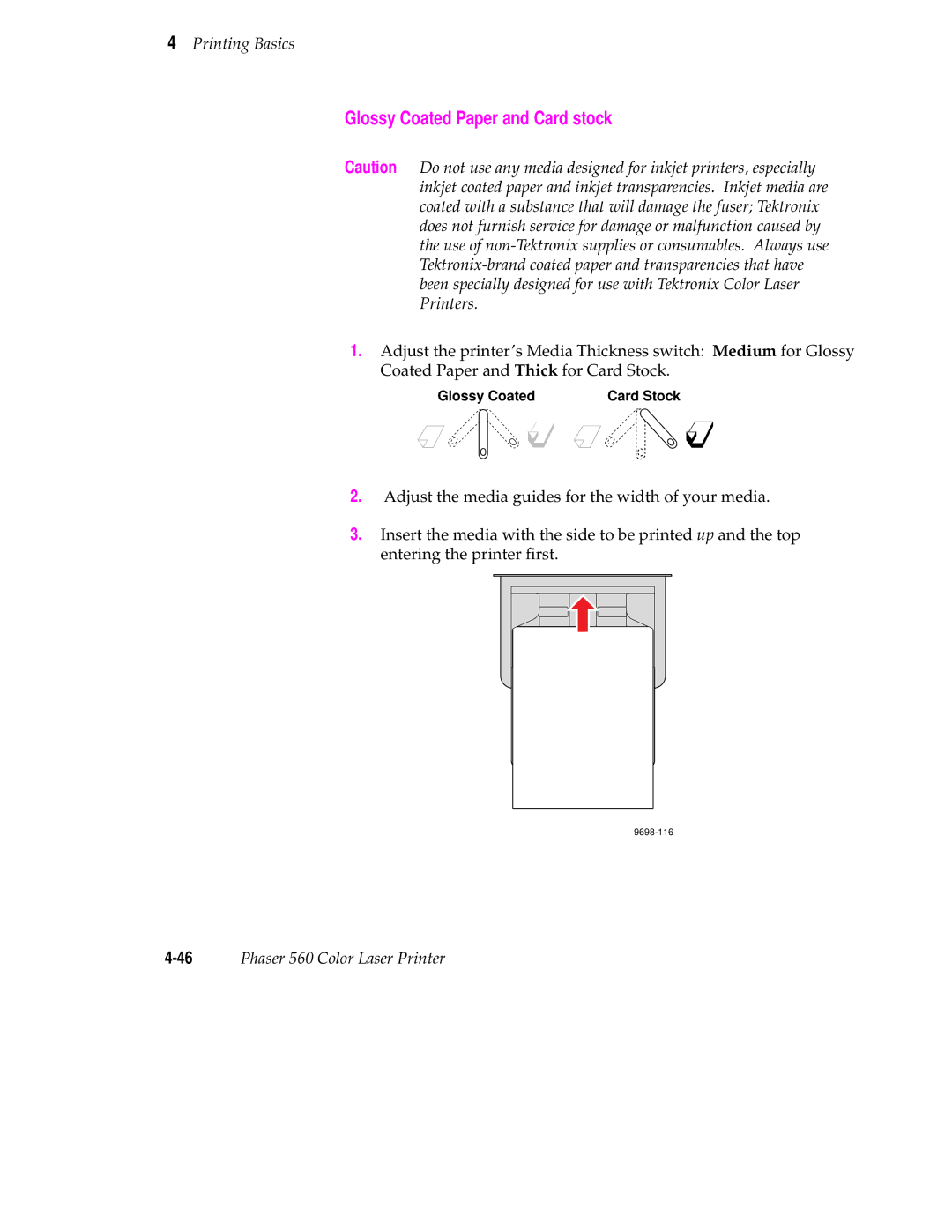 Tektronix 560 user manual Glossy Coated Paper and Card stock 