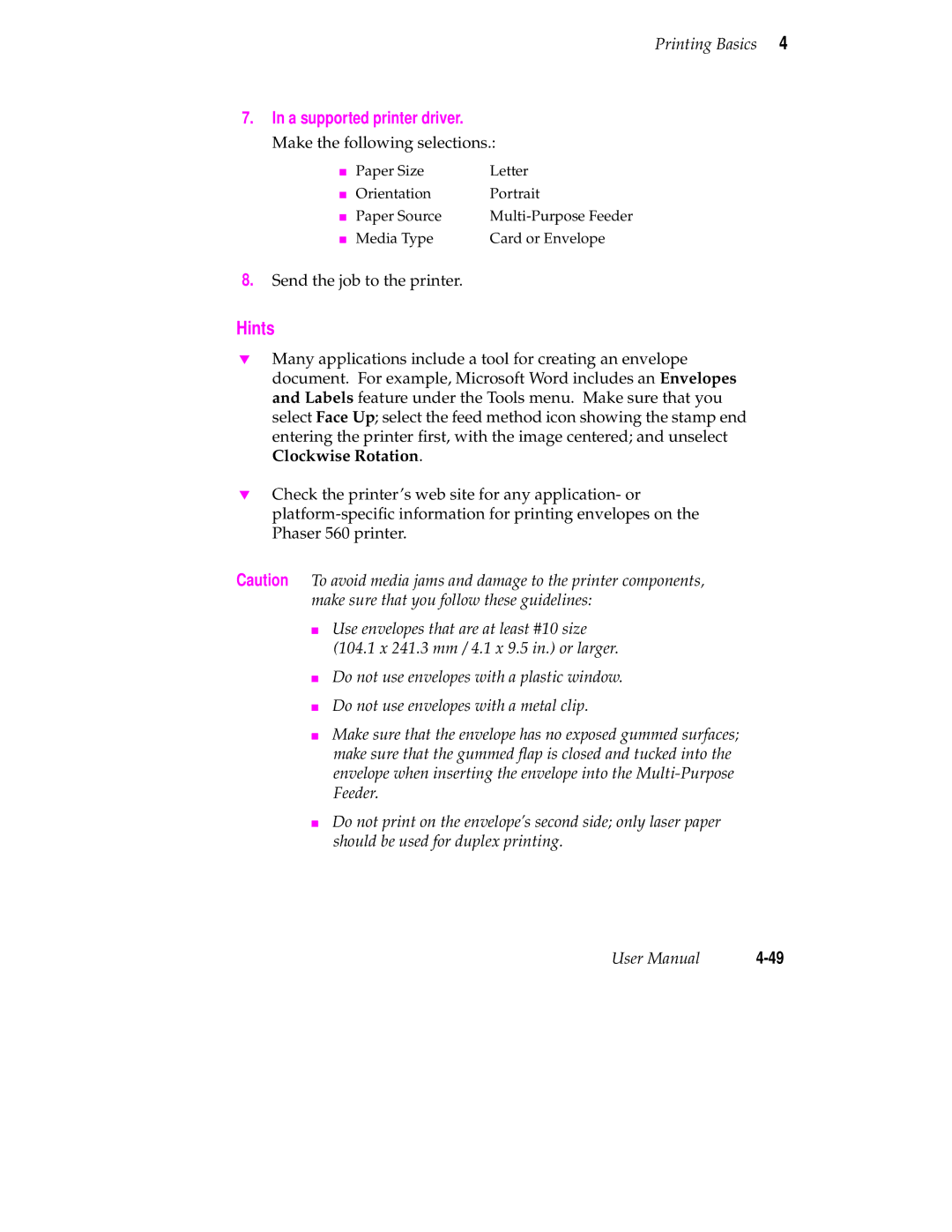 Tektronix 560 user manual A supported printer driver, Make the following selections 