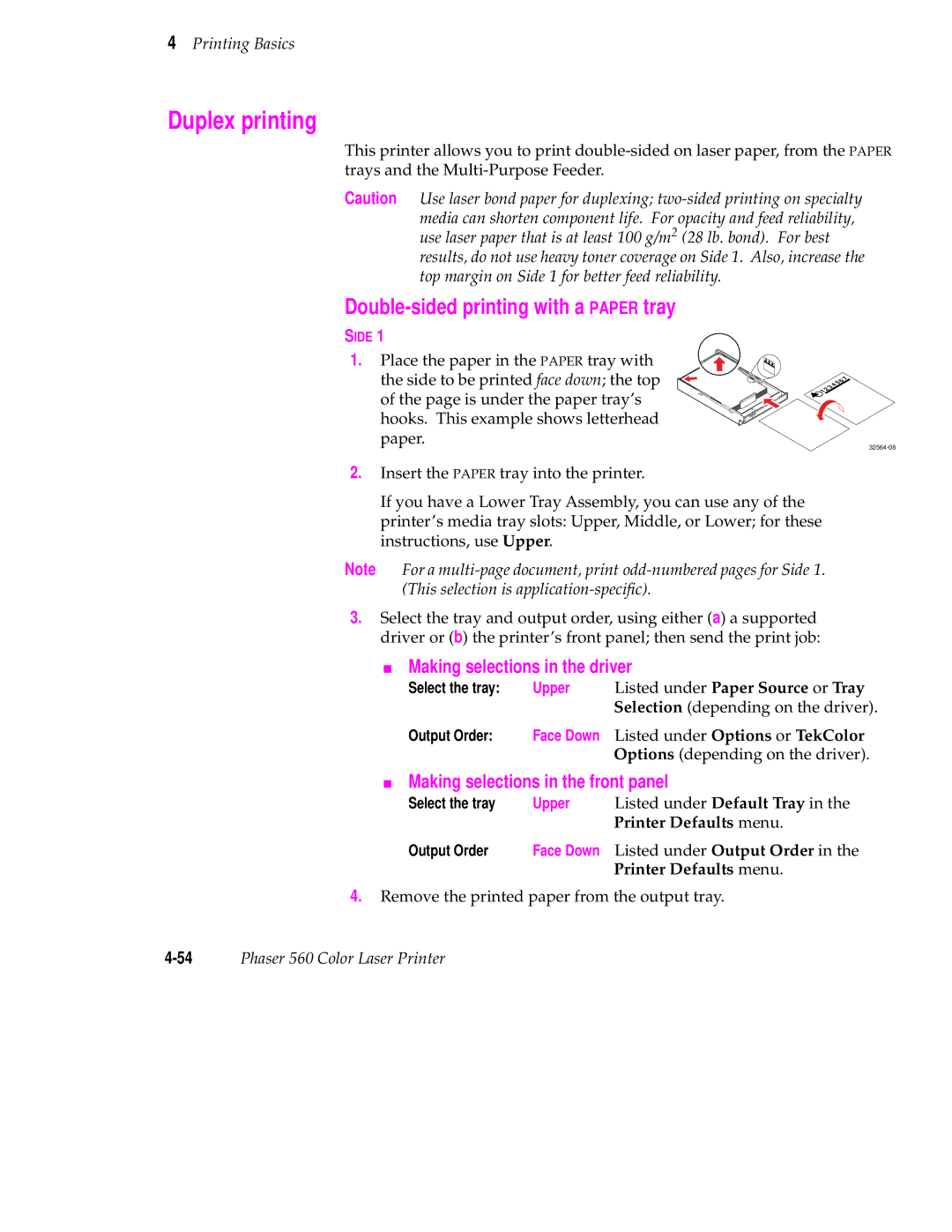 Tektronix 560 user manual Duplex printing, Making selections in the driver, Making selections in the front panel 