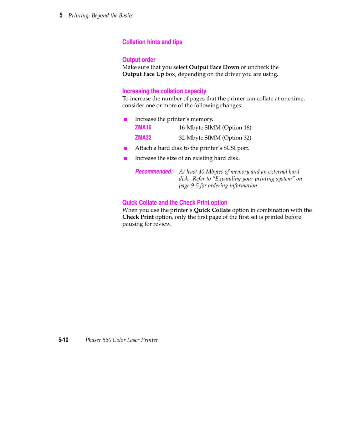 Tektronix 560 user manual Collation hints and tips Output order, Increasing the collation capacity 