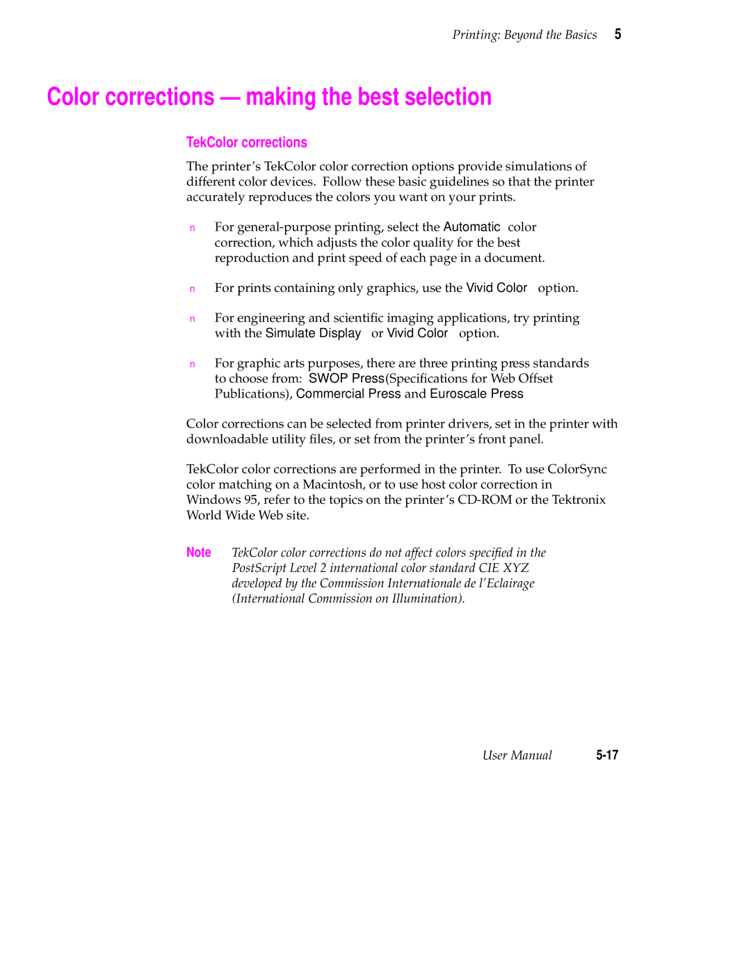 Tektronix 560 user manual Color corrections making the best selection, TekColor corrections 