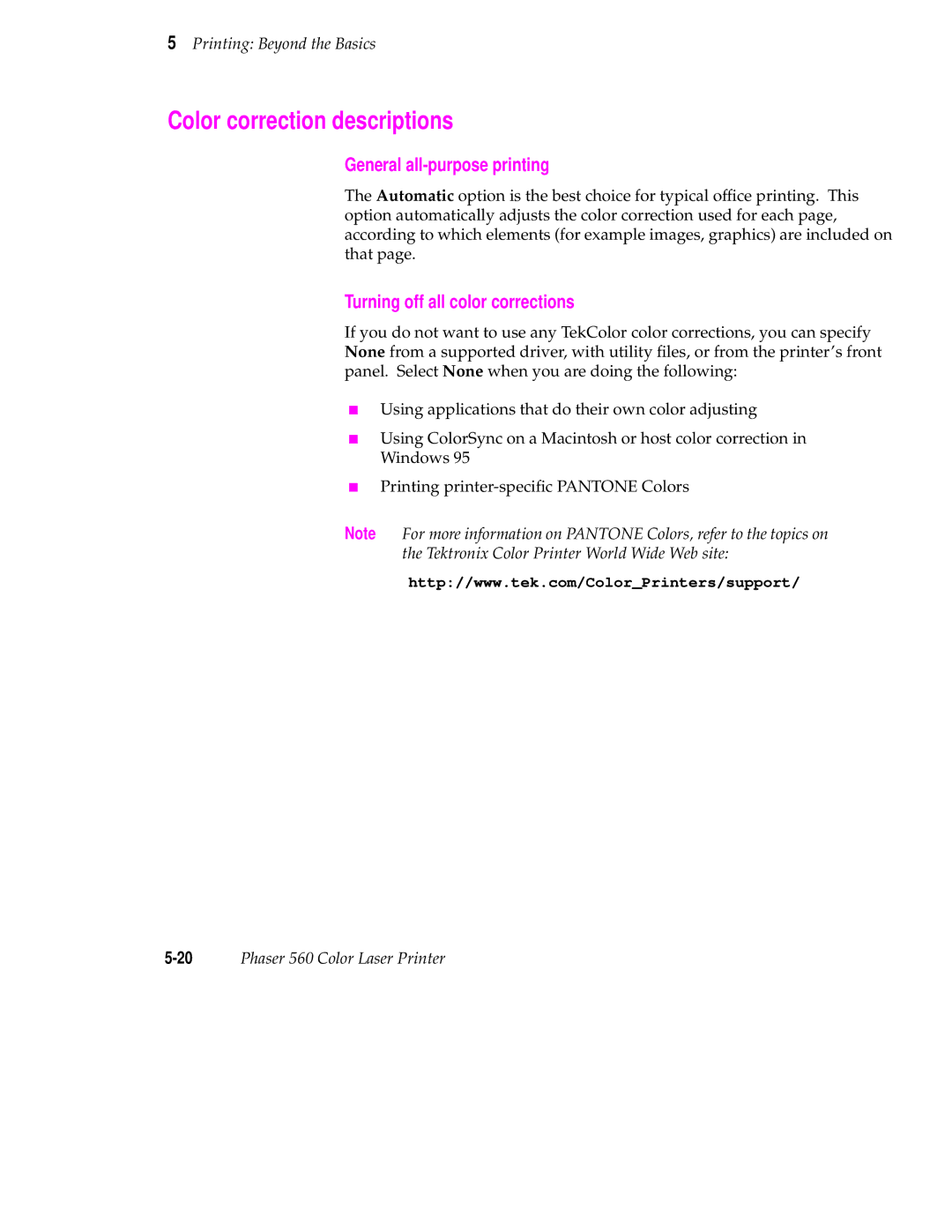 Tektronix 560 user manual Color correction descriptions, General all-purpose printing, Turning off all color corrections 