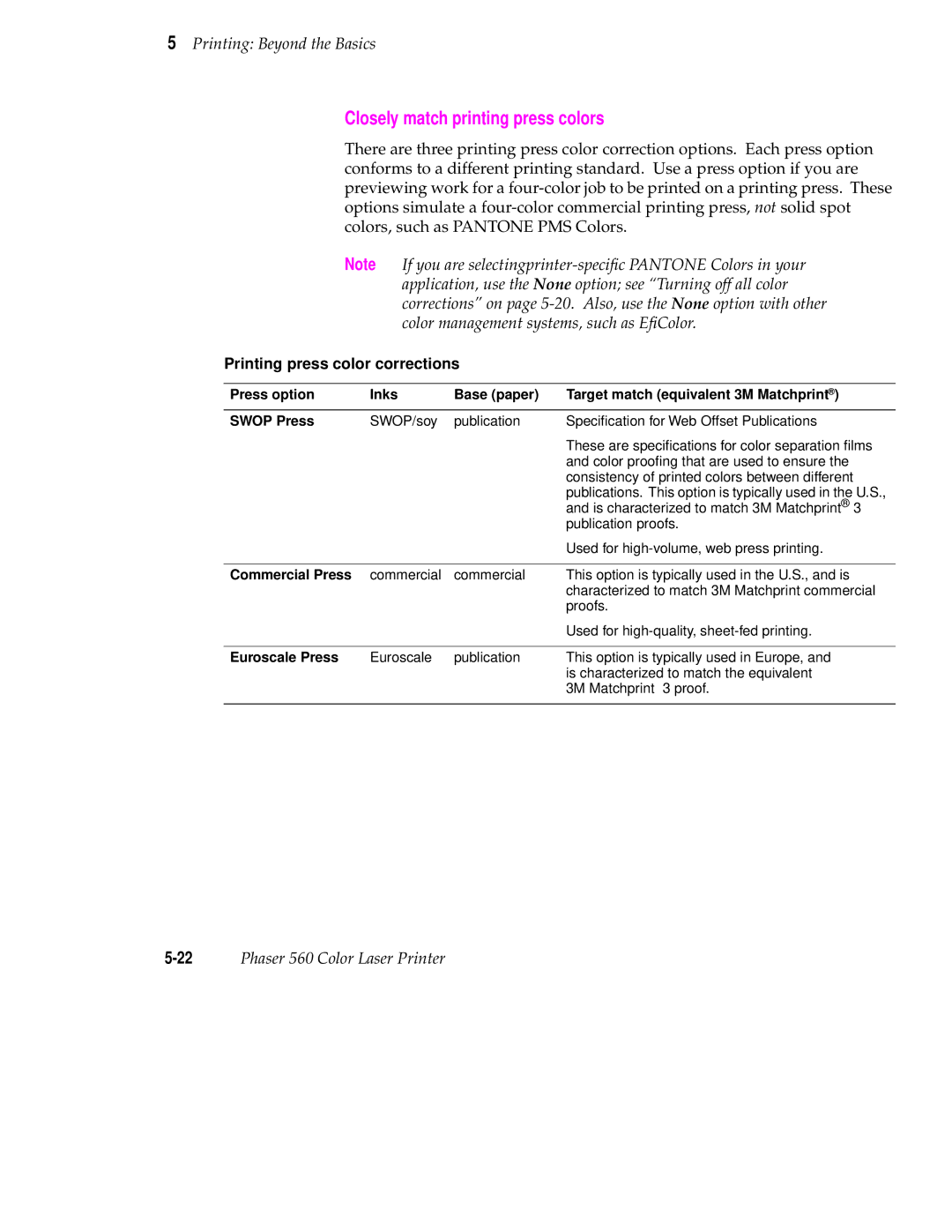 Tektronix 560 user manual Closely match printing press colors, Commercial Press, Euroscale Press 