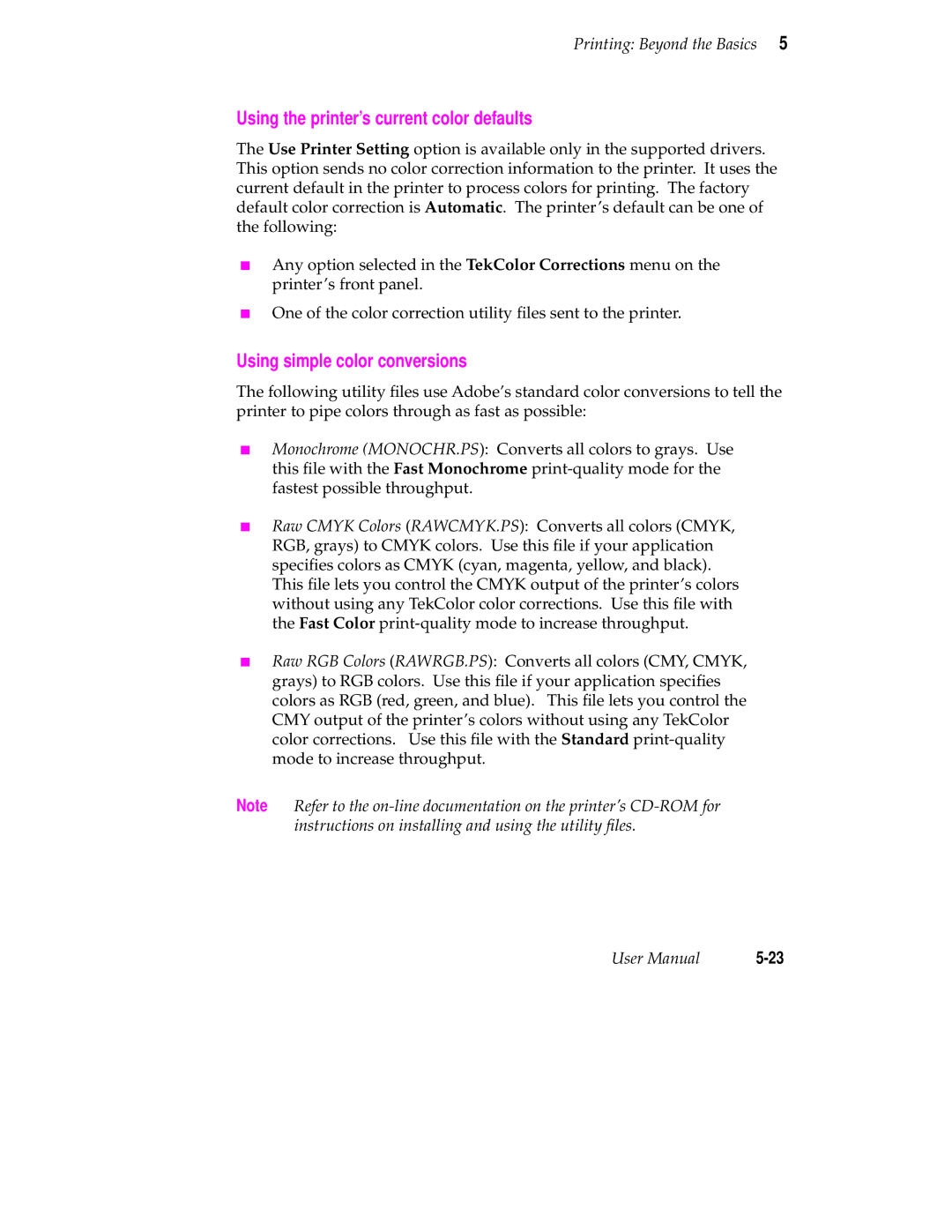 Tektronix 560 user manual Using the printer’s current color defaults, Using simple color conversions 