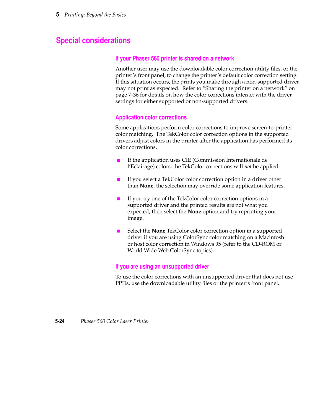 Tektronix Special considerations, If your Phaser 560 printer is shared on a network, Application color corrections 