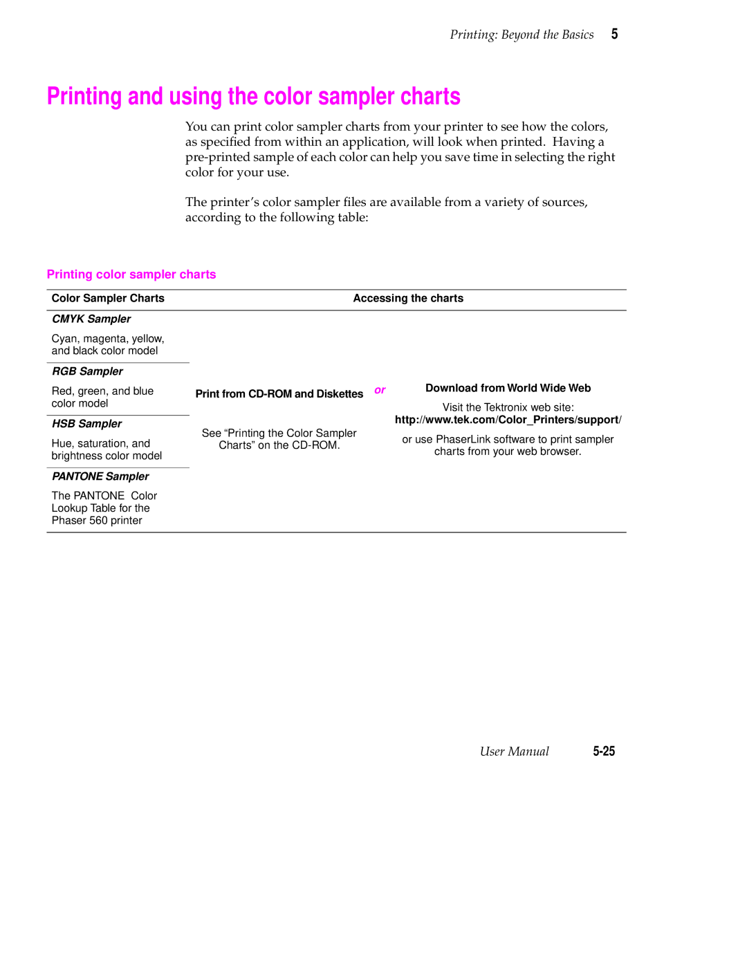 Tektronix 560 user manual Printing and using the color sampler charts, Printing color sampler charts, Color Sampler Charts 