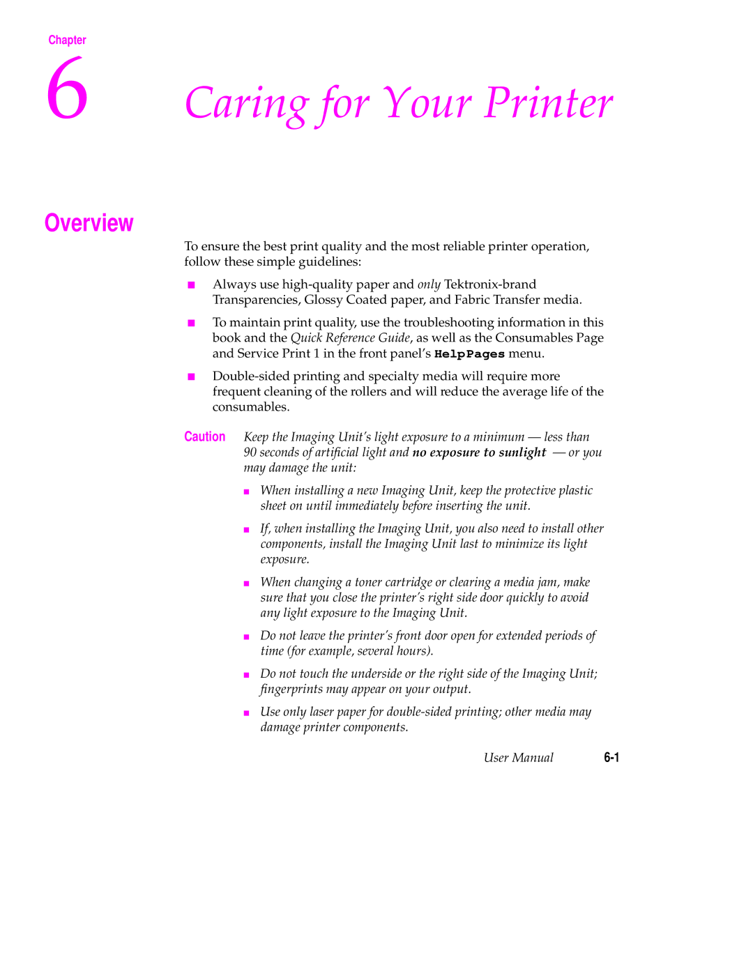 Tektronix 560 user manual Caring for Your Printer, Overview 