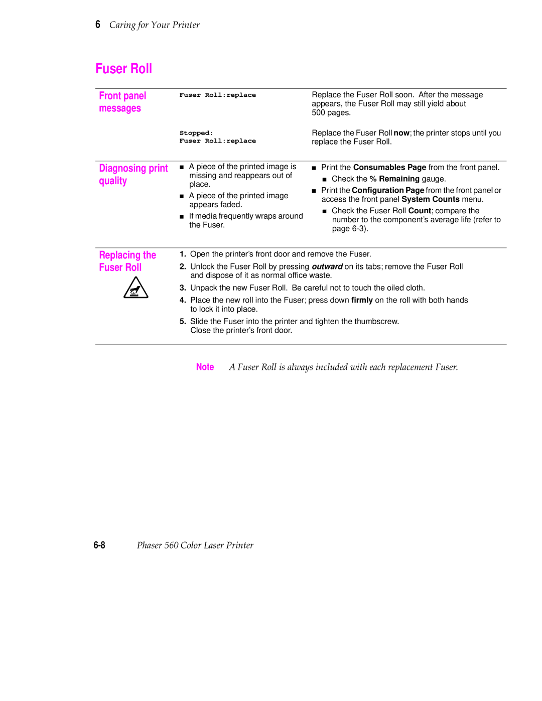 Tektronix 560 user manual Replacing the Fuser Roll 