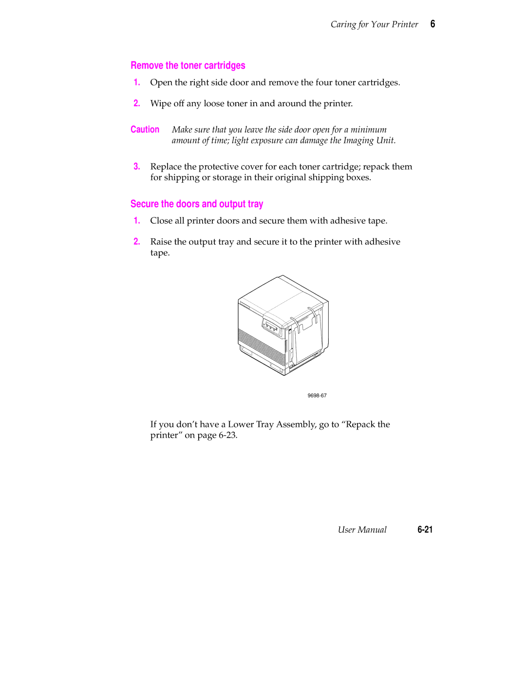 Tektronix 560 user manual Remove the toner cartridges, Secure the doors and output tray 